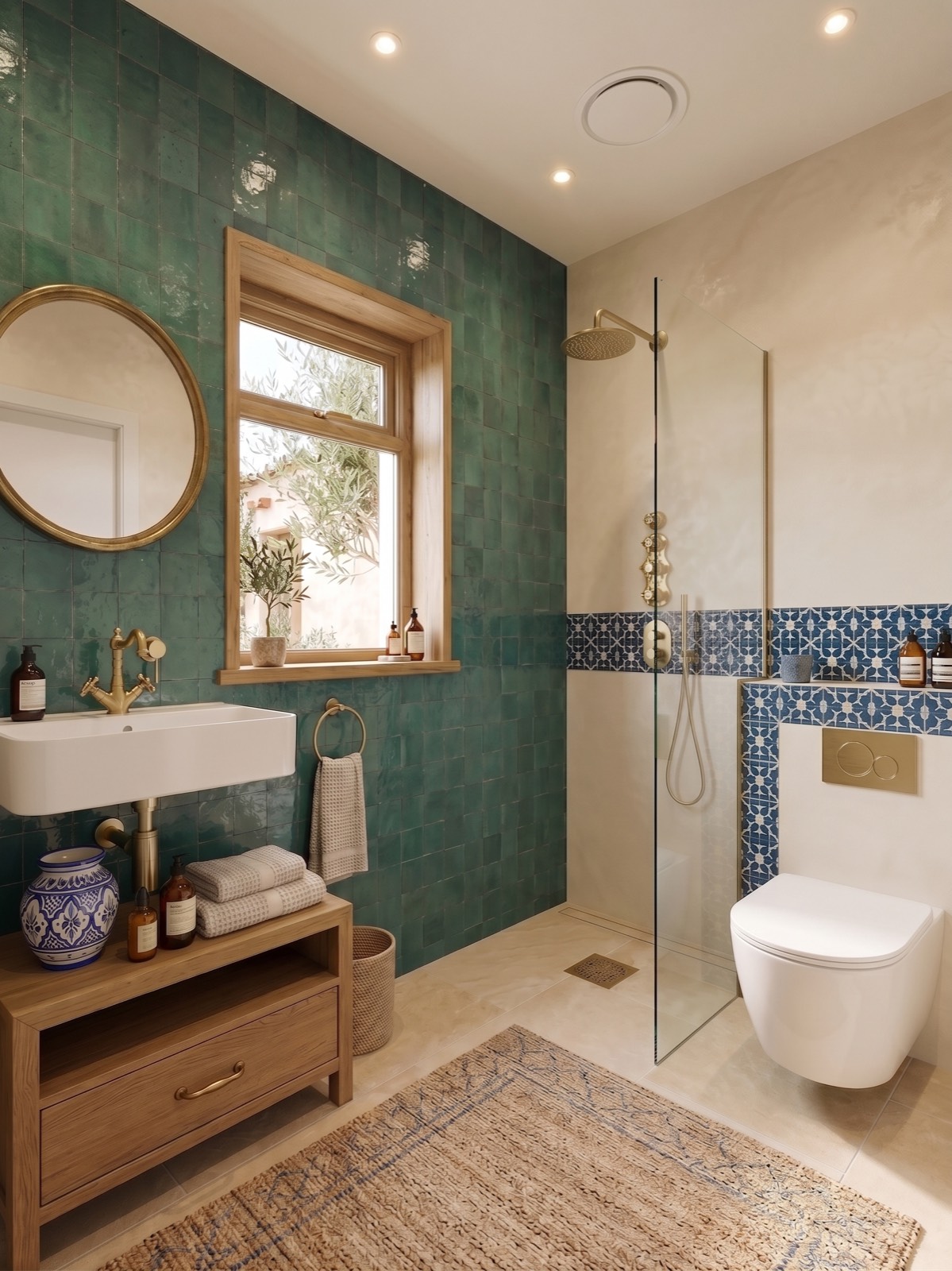 After — Ensuite shower room — zellige tiles & brass